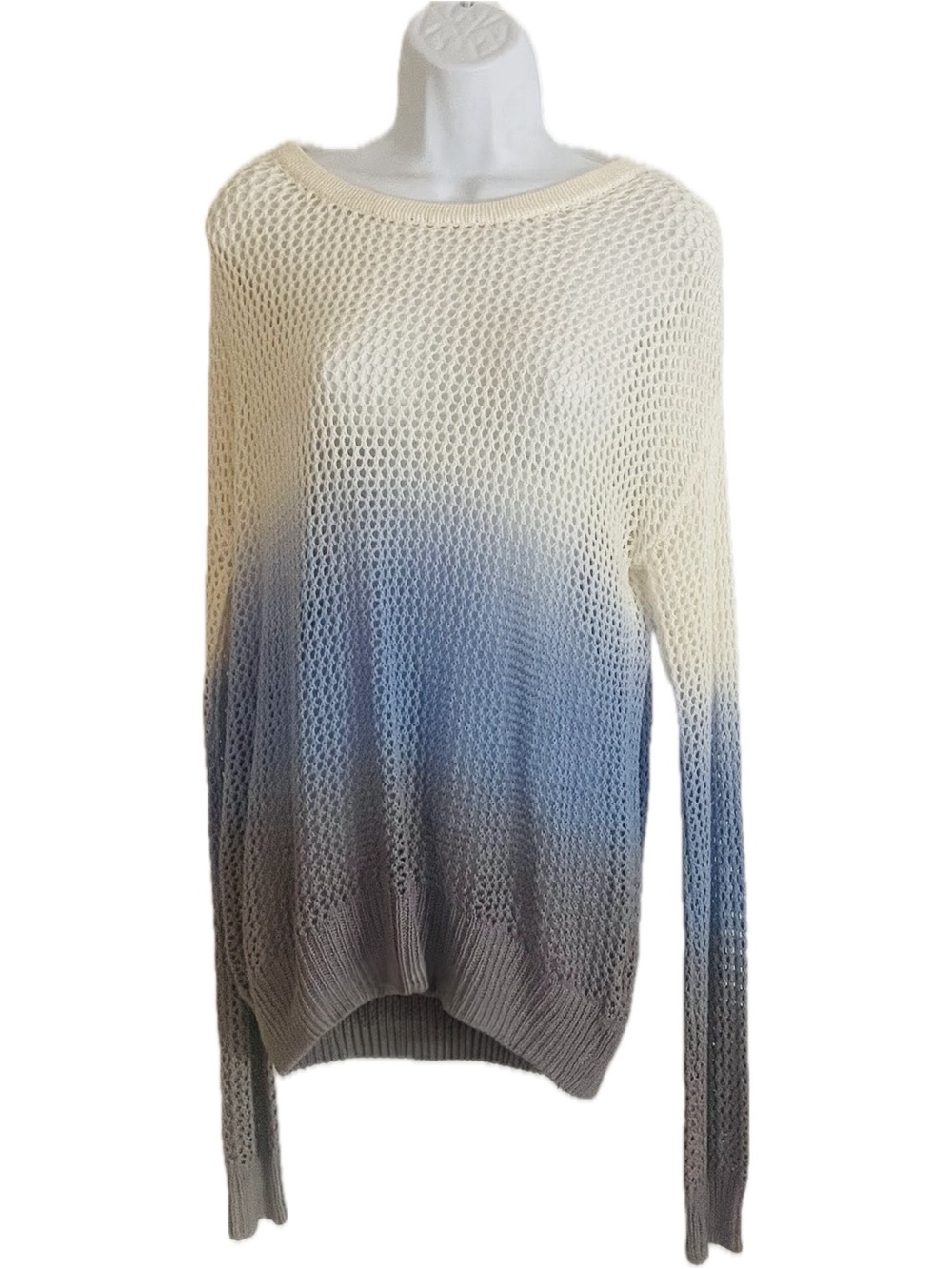 Olivaceous Cream-to-Blue to Gray Ombre Open-Knit Scoop Neck Sweater